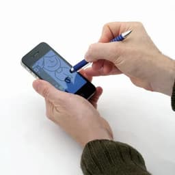 A hand holding a smartphone, using a stylus to draw on the screen. The smartphone displays a simple drawing.