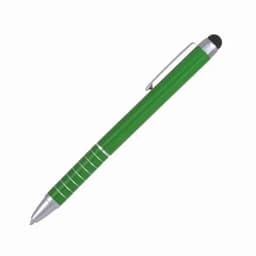 A green pen with silver accents and a stylus tip. The barrel features a textured grip.