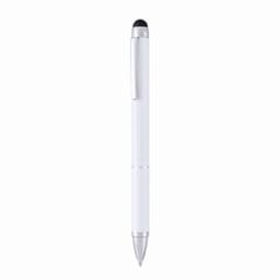 A white pen with a silver clip and a textured grip, featuring a stylus tip at the top. It has a logo present.