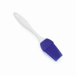 A pastry brush with a white handle and a purple silicone brush head, ideal for applying glazes or sauces.