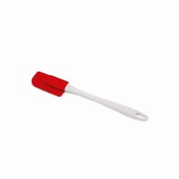 A kitchen spatula featuring a red silicone head and a white handle, with a logo on the handle.