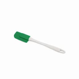 A green silicone spatula with a white handle, featuring a flat head for mixing and stirring.