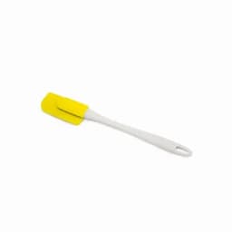 A spatula with a yellow silicone head and a white handle. It has a logo on the handle.