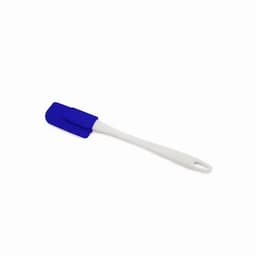 A spatula with a blue silicone head and a white handle, featuring a logo on the handle.