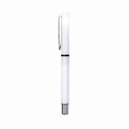 A pen with a transparent white body and silver accents, featuring a clip and a sleek design.
