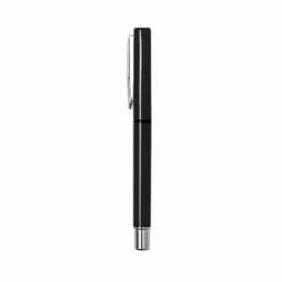 A pen in black with a silver clip, featuring a slim, sleek design and a shiny tip.