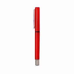 A red pen with a silver clip and tip, featuring a sleek, minimalist design.