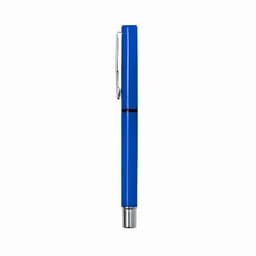A blue pen with a silver clip and tip, featuring a sleek, cylindrical design.
