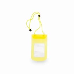 A yellow waterproof pouch with a clear window and adjustable neck strap. Suitable for protecting small items.