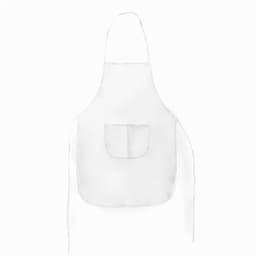 A white apron with a front pocket and adjustable straps. Features a plain design without any logos or branding.