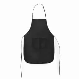 A black apron featuring a front pocket and adjustable ties. It has a simple, classic design.