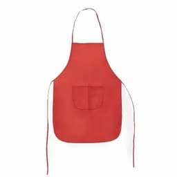 A red apron featuring a front pocket and long ties for securing. It has a simple design and no visible branding.