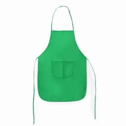 A green apron with a single front pocket and long ties on each side. Features a simple, solid design.