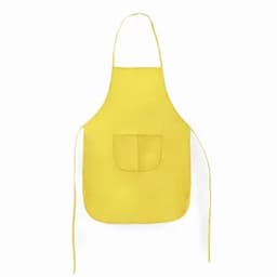 A yellow apron with a front pocket and tied straps for securing. Features a simple design with bright colour.