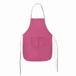 A pink apron with a front pocket and long ties. The apron features a plain design and has no visible branding.