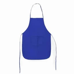 A blue apron with a front pocket and ties at the neck and waist, featuring a simple design.