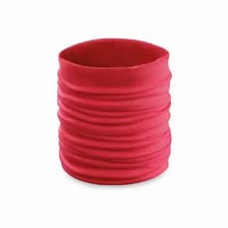 A red, stretchy tubular product with a textured surface, featuring a subtle logo.