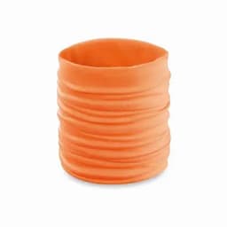 An orange, stretchy drink bottle holder featuring a textured design and a logo.