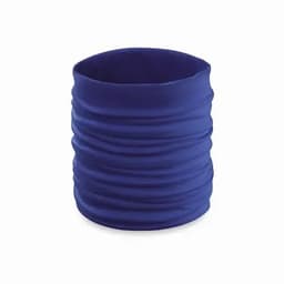 A drink bottle in a deep blue colour with a textured, wrinkled surface, featuring a simple design and a logo.