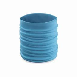 A drink bottle in a smooth, vibrant blue colour with a textured, wrinkled surface and an open top.
