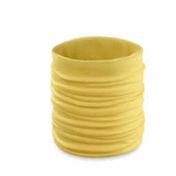 A yellow neck gaiter with a stretchy, gathered design, suitable for versatile wear.