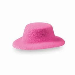 A pink felt hat with a wide brim and a rounded crown. It has a soft texture and a vibrant colour.