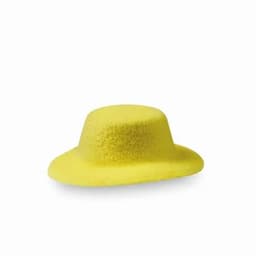 A yellow felt hat with a wide brim and rounded crown. The hat has a soft, textured appearance.