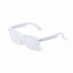 A pair of white novelty sunglasses with a perforated design and flat arms.