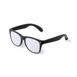 A pair of black glasses featuring perforated lenses and a sleek design, ideal for promotional use.