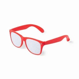 A pair of red novelty glasses featuring perforated lenses. The frame is a vibrant red with classic styling.