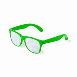 Bright green novelty glasses with a perforated lens design and lightweight plastic frame.