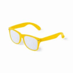 A pair of yellow novelty glasses with white perforated lenses and a classic frame design.