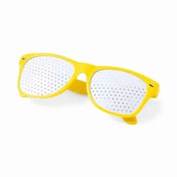 A pair of yellow novelty glasses with perforated white lenses and a plastic frame.