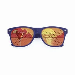 Sunglasses with a blue frame, featuring an orange-tinted lens showing a sunset scene with a cocktail.