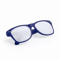 A pair of blue novelty glasses with white perforated lenses. The frame is solid blue and stylish.