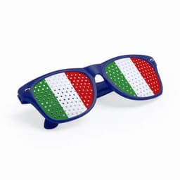 A pair of novelty sunglasses with blue frames featuring the Italian flag design in red, white, and green.
