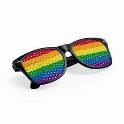 A pair of black sunglasses featuring rainbow-striped lenses with a perforated design.