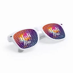 Sunglasses with white frames featuring colourful, vibrant lenses displaying a dotted pattern and bright hues.