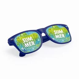 A pair of navy glasses with vibrant blue and green patterned lenses featuring the word "SUMMER."