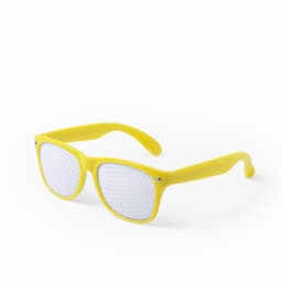 A pair of bright yellow sunglasses with perforated lenses and a plastic frame.