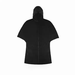 A black rain poncho featuring a hood and a zip front, designed for weather protection.