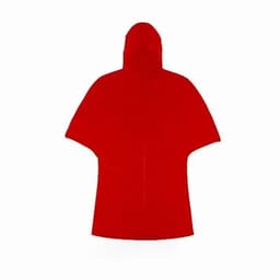 A red hooded rain poncho with a wide body cut, featuring a central opening and no visible fastenings.