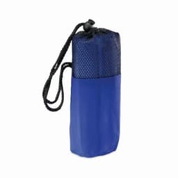 A drink bottle in a cylindrical shape with a blue body and a mesh black top, featuring a drawstring closure.