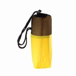 A drink bottle with a yellow lower portion and a black mesh top, featuring a drawstring for closure.