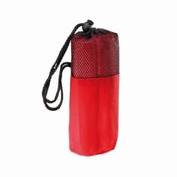 A drink bottle in a red and mesh pouch with a drawstring, featuring a black cord for carrying.