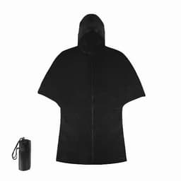 A black poncho with a hood, accompanied by a compact storage pouch. Features a simple design with no visible branding.