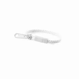 A white zipper pull with a loop attachment, featuring a plastic connector and a textured grip.