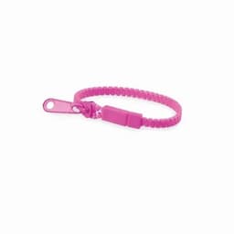 A pink elastic wristband with a clasp, featuring a textured design and a logo detail.