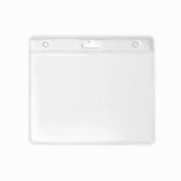 A clear plastic wallet with a top slot for easy attachment and a textured edge, suitable for holding cards or documents.