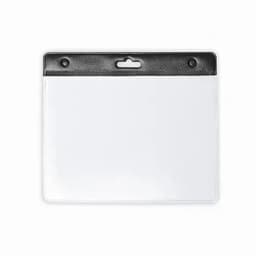 A clear plastic badge holder with a black top and a slot for hanging. Suitable for displaying ID cards or passes.